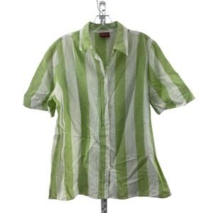 Biaggini Women's Green White Striped Short Sleeve Linen Button-Up Top Size 42